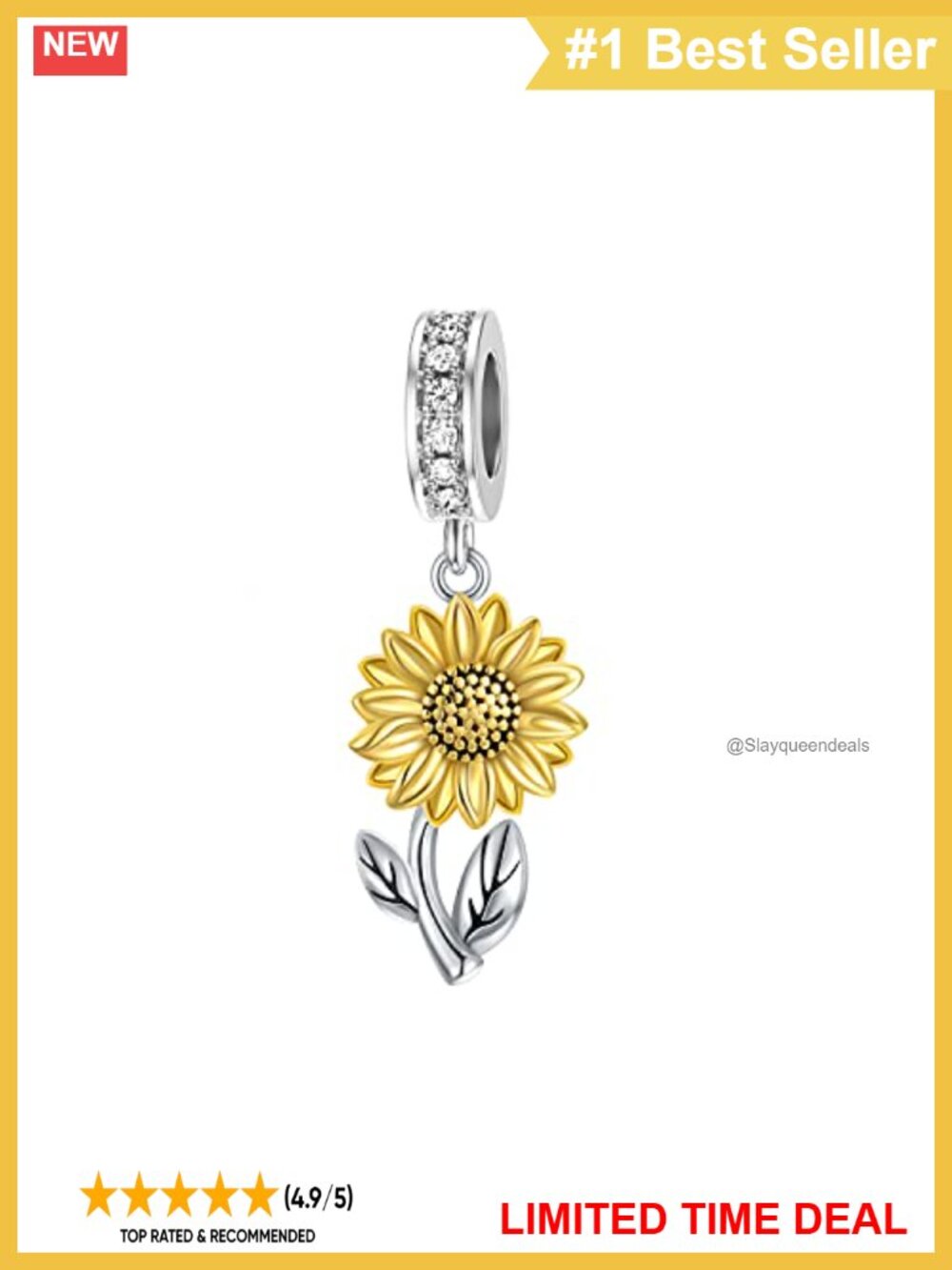Sterling Silver Sunflower Charm Bead for Bracelets & Necklaces